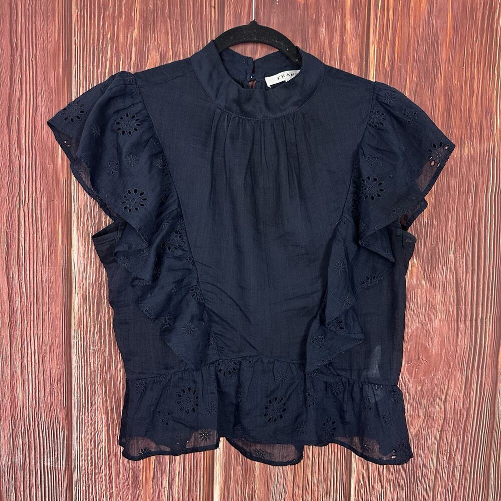 FRAME Navy Eyelet Ruffle Sleeve Top Womens Size Small Ramie - Picture 3 of 7
